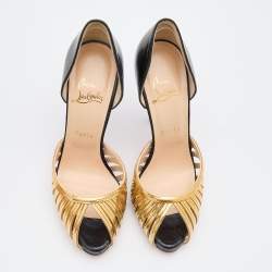 Pre Owned Christian Louboutin Black/Gold Leather and Metal Corpus Peep Toe Pumps Size 38.5
