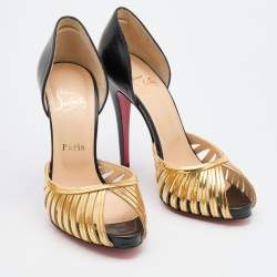 Pre Owned Christian Louboutin Black/Gold Leather and Metal Corpus Peep Toe Pumps Size 38.5