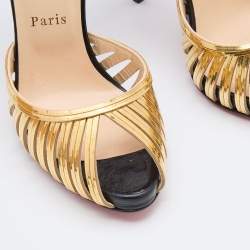 Pre Owned Christian Louboutin Black/Gold Leather and Metal Corpus Peep Toe Pumps Size 38.5