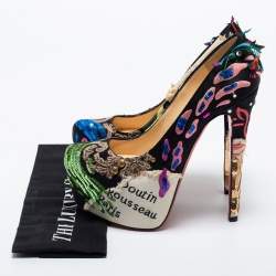 Pre Owned Christian Louboutin Multicolor Satin and Canvas Daffodile 160 Brodee Crepe Pumps Size 38.5