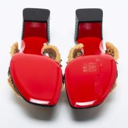 مملوكة مسبقًا Christian Louboutin Beige/Black Raffia and Spiked Leather Marivodu Slide Sandals Size 37