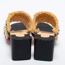مملوكة مسبقًا Christian Louboutin Beige/Black Raffia and Spiked Leather Marivodu Slide Sandals Size 37