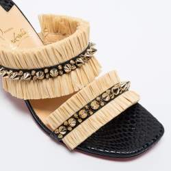 مملوكة مسبقًا Christian Louboutin Beige/Black Raffia and Spiked Leather Marivodu Slide Sandals Size 37