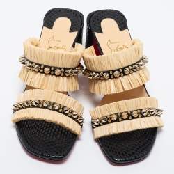 مملوكة مسبقًا Christian Louboutin Beige/Black Raffia and Spiked Leather Marivodu Slide Sandals Size 37