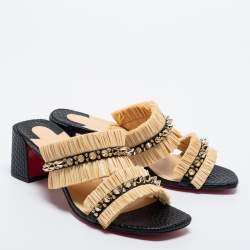 مملوكة مسبقًا Christian Louboutin Beige/Black Raffia and Spiked Leather Marivodu Slide Sandals Size 37