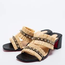 مملوكة مسبقًا Christian Louboutin Beige/Black Raffia and Spiked Leather Marivodu Slide Sandals Size 37