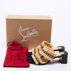 مملوكة مسبقًا Christian Louboutin Beige/Black Raffia and Spiked Leather Marivodu Slide Sandals Size 37