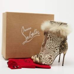 Christian Louboutin Beige/Cream Calf Hair And Fox Fur Ankle Boots Size 36