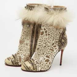 Christian Louboutin Beige/Cream Calf Hair And Fox Fur Ankle Boots Size 36