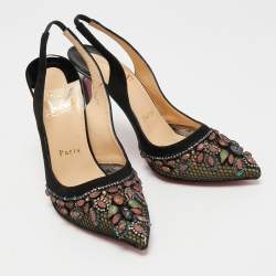 مملوكة مسبقًا Christian Louboutin Black Suede and Mesh Crystal Embellished Slingback Pumps Size 38