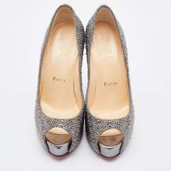 Pre Owned Christian Louboutin Grey Suede Crystal Embellished Very Riche Peep Toe Pumps Size 36