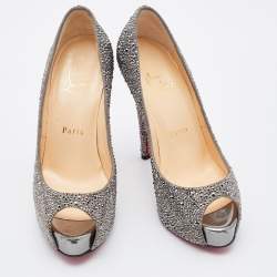 Pre Owned Christian Louboutin Grey Suede Crystal Embellished Very Riche Peep Toe Pumps Size 36