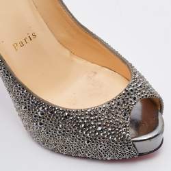 Pre Owned Christian Louboutin Grey Suede Crystal Embellished Very Riche Peep Toe Pumps Size 36