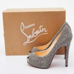 Pre Owned Christian Louboutin Grey Suede Crystal Embellished Very Riche Peep Toe Pumps Size 36