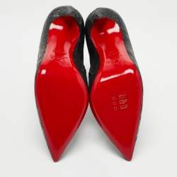 Pre Owned Christian Louboutin Black/Silver Leather and Glitter So Kate Ankle Boots Size 37