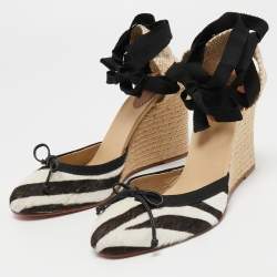 Pre Owned Christian Louboutin Tricolor Calf Hair and Woven Fabric Espadrille Wedge Pumps Size 41  