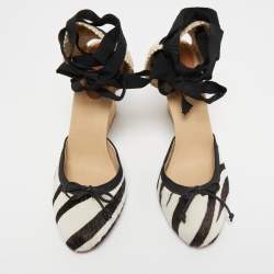 Pre Owned Christian Louboutin Tricolor Calf Hair and Woven Fabric Espadrille Wedge Pumps Size 41  