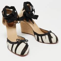 Pre Owned Christian Louboutin Tricolor Calf Hair and Woven Fabric Espadrille Wedge Pumps Size 41  