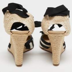 Pre Owned Christian Louboutin Tricolor Calf Hair and Woven Fabric Espadrille Wedge Pumps Size 41  