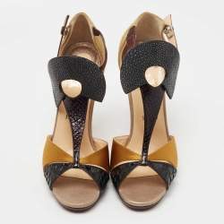 Christian Louboutin Black/Yellow Python Embossed Leather, Suede and Satin Aztec Sandals Size 41