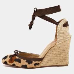 Christian Louboutin Two Tone Animal Print Calf Hair Espadrille Wedge Ankle Tie Pumps Size 41