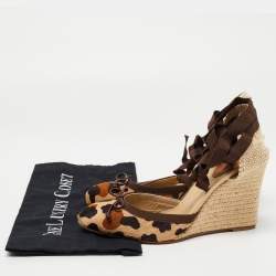 Pre Owned Christian Louboutin Two Tone Animal Print Calf Hair Espadrille Wedge Ankle Tie Pumps Size 41