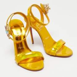 Pre Owned Christian Louboutin Yellow Iridescent Leather Goldie Joli Sandals Size 37.5