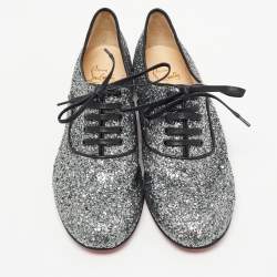Pre Owned Christian Louboutin Metallic Grey Coarse Glitter Fred Oxfords Size 39.5 