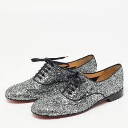 Pre Owned Christian Louboutin Metallic Grey Coarse Glitter Fred Oxfords Size 39.5 