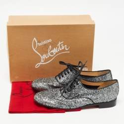 Pre Owned Christian Louboutin Metallic Grey Coarse Glitter Fred Oxfords Size 39.5 