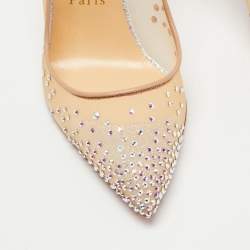 Christian Louboutin Beige/Silver Mesh and Glitter Suede Follies Strass Pumps Size 38.5
