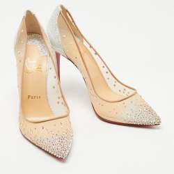 Christian Louboutin Beige/Silver Mesh and Glitter Suede Follies Strass Pumps Size 38.5