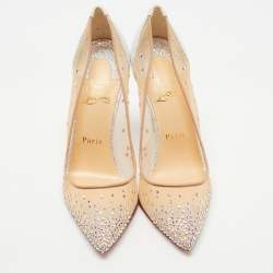 Christian Louboutin Beige/Silver Mesh and Glitter Suede Follies Strass Pumps Size 38.5
