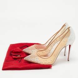 Christian Louboutin Beige/Silver Mesh and Glitter Suede Follies Strass Pumps Size 38.5