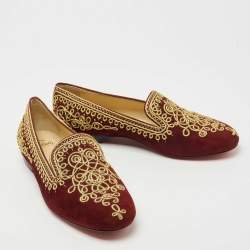 Christian Louboutin Burgundy Embroidered Suede Mamounia Smoking Slippers Size 40.5