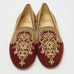 Christian Louboutin Burgundy Embroidered Suede Mamounia Smoking Slippers Size 40.5
