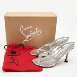 Pre Owned Christian Louboutin Silver Glitter Slingback Sandals Size 37