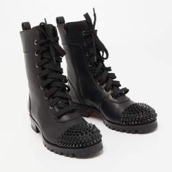 Pre Owned Christian Louboutin Black Leather TS Croc Spikes Ankle Length Boots Size 37.5