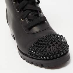 Pre Owned Christian Louboutin Black Leather TS Croc Spikes Ankle Length Boots Size 37.5