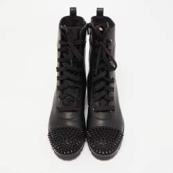Pre Owned Christian Louboutin Black Leather TS Croc Spikes Ankle Length Boots Size 37.5