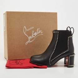 Pre Owned Christian Louboutin Black Leather Out Line Spike Ankle Booties Size 37.5