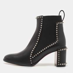 Pre Owned Christian Louboutin Black Leather Out Line Spike Ankle Booties Size 37.5