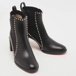 Pre Owned Christian Louboutin Black Leather Out Line Spike Ankle Booties Size 37.5