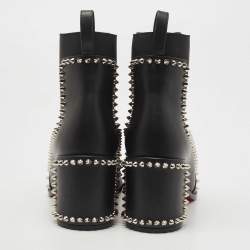 Pre Owned Christian Louboutin Black Leather Out Line Spike Ankle Booties Size 37.5