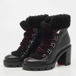 Pre Owned Christian Louboutin Black Leather and Shearling Trimmed Edelvizir 70 Ankle Booties Size 37