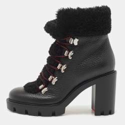 Pre Owned Christian Louboutin Black Leather and Shearling Trimmed Edelvizir 70 Ankle Booties Size 37
