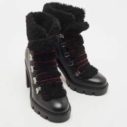 Pre Owned Christian Louboutin Black Leather and Shearling Trimmed Edelvizir 70 Ankle Booties Size 37