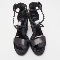 Pre Owned Christian Louboutin Black Leather Chocazeppa Spikes Wedge Platform Espadrille Sandals Size 39