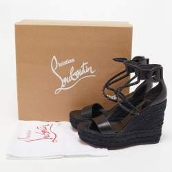 Pre Owned Christian Louboutin Black Leather Chocazeppa Spikes Wedge Platform Espadrille Sandals Size 39