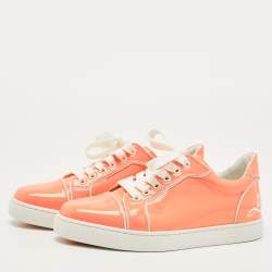 Pre Owned Christian Louboutin Neon Peach Patent Leather Louis Junior Low Top Sneakers Size 37